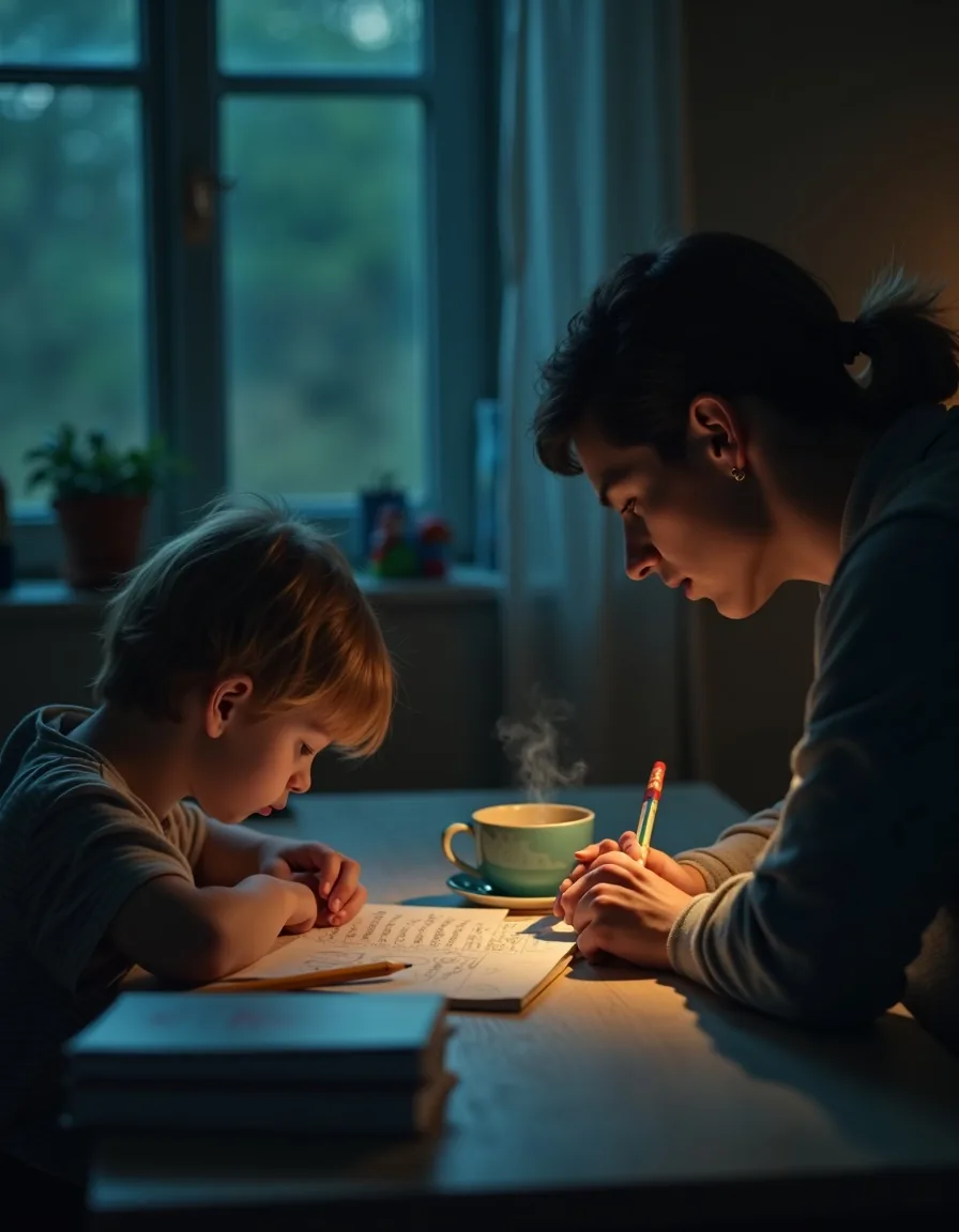 Un genitore aiuta il figlio a studiare la sera, a casa