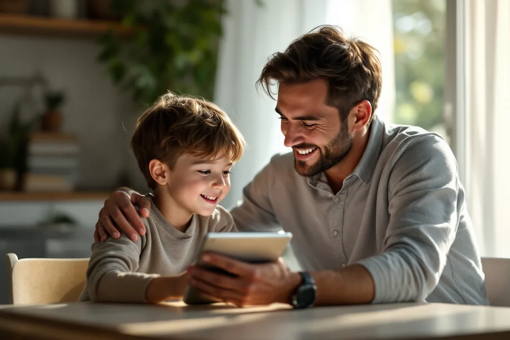 Un genitore e il figlio sereni mentre studiano insieme con NUAFLOW