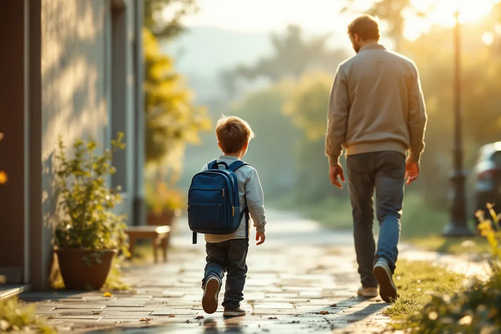 Un bambino pronto per la scuola, di spalle, nella luce del mattino